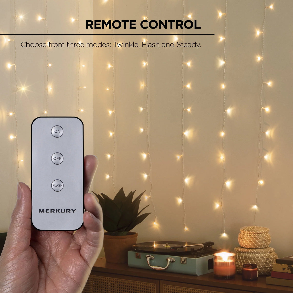 Indoor Curtain Lights, Warm White LEDs, Remote Control, USB Powered M881