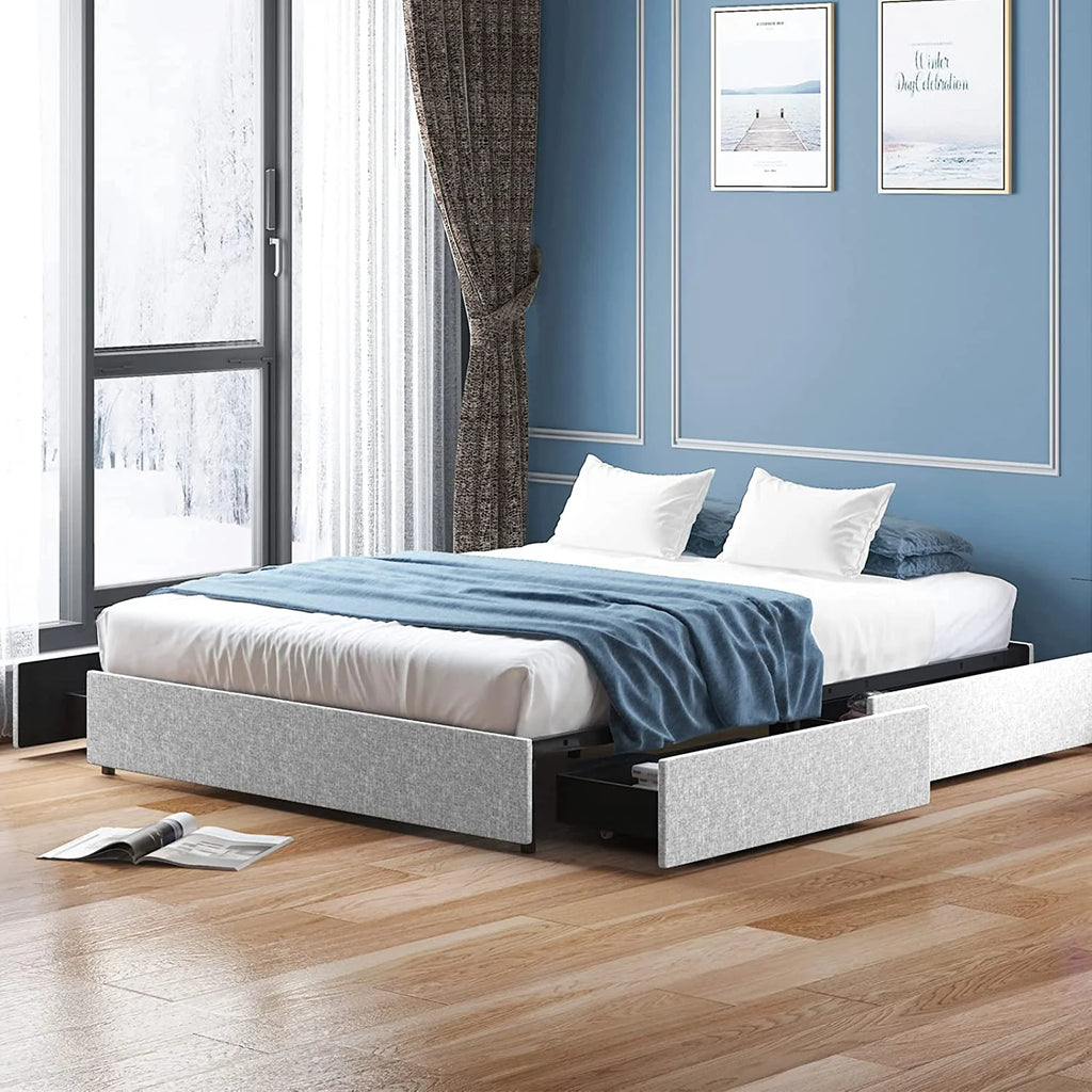Cal King Size Platform Bed Frame with 4 Storage Drawers Cotton Linen Fabric B29862