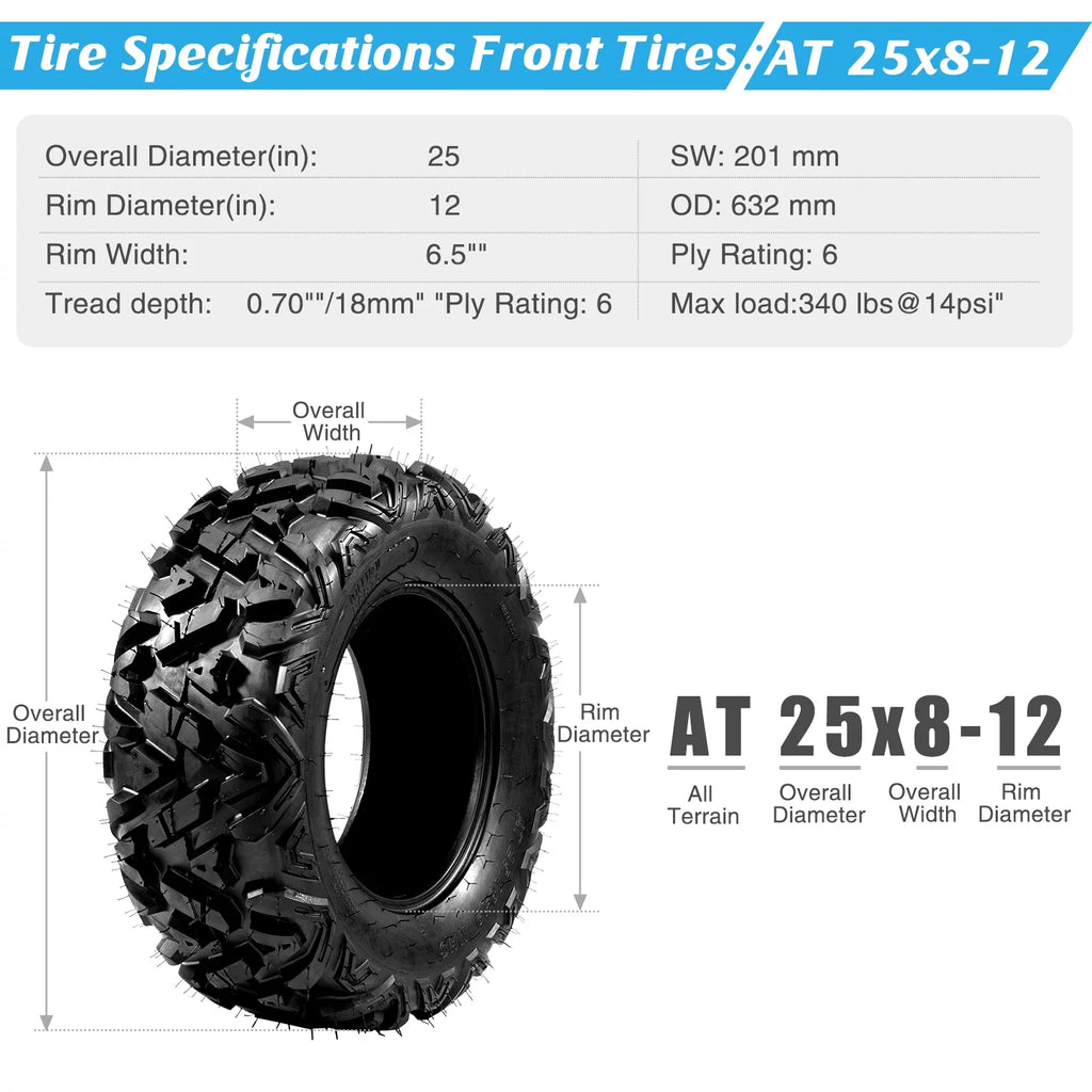 Set of 4 All Terrain ATV UTV Tires, 25x8-12 Front & 25x10-12 Rear, Tubeless U34503