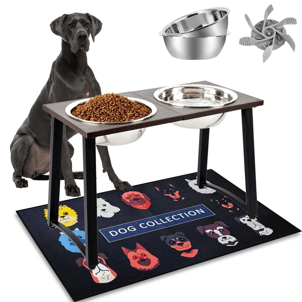 Elevated Dog Bowls with 2 Stainless Steel Bowls and Slow Feeder N526717